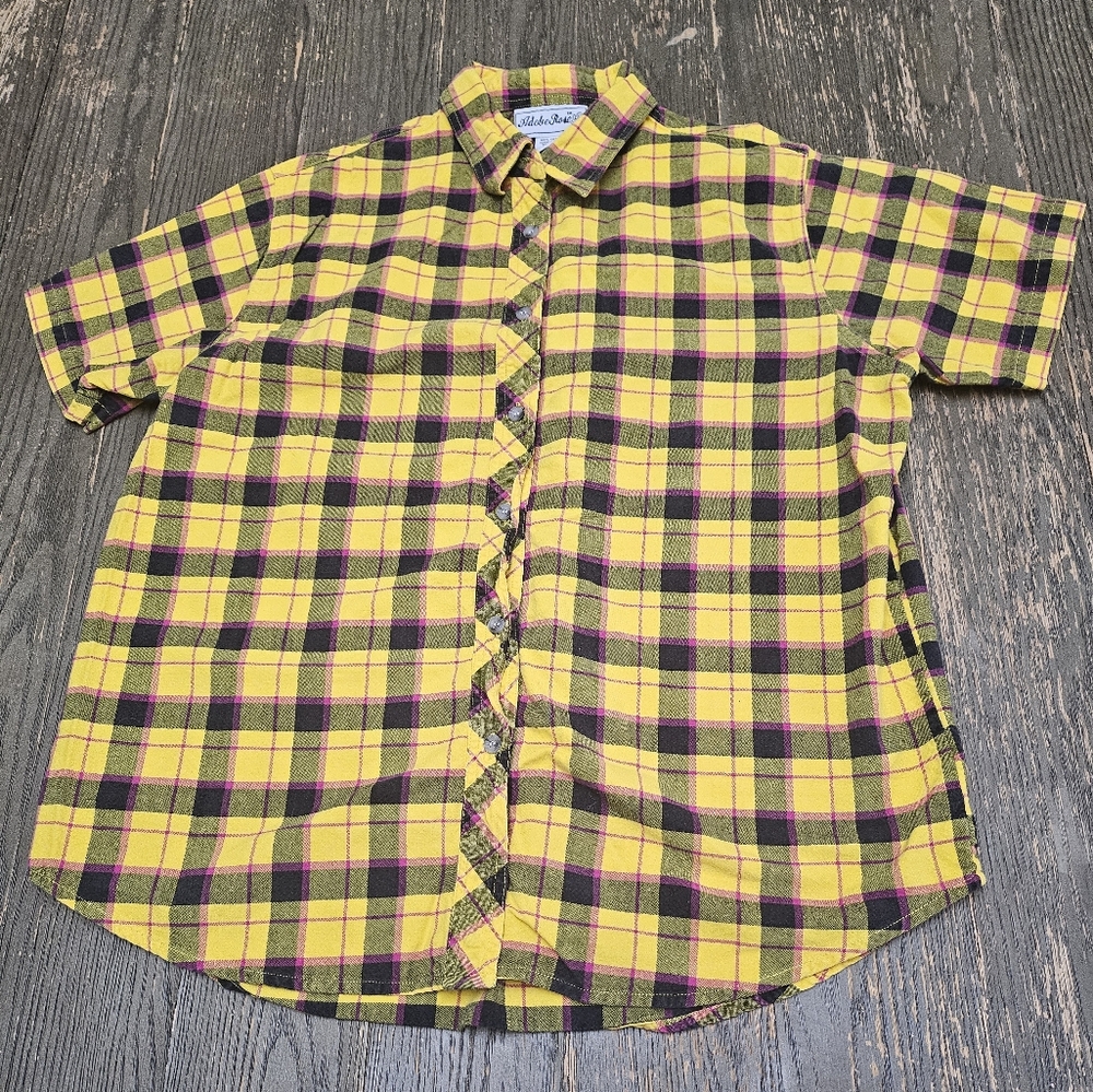 Adobe Rose, woman plaid button shirt short sleeve yellow size XL